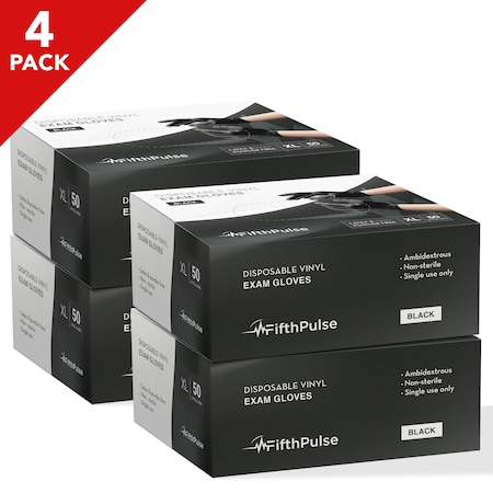 Fifthpulse 4 pack, Disposable Gloves, Vinyl, Powder-Free, XL, 50 PK, Black FP-FMN100088-4A